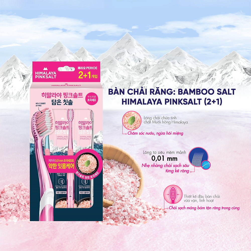 Bàn chải răng Bamboo Salt Himalaya Pink Salt Soft vỉ 2 + 1 cây