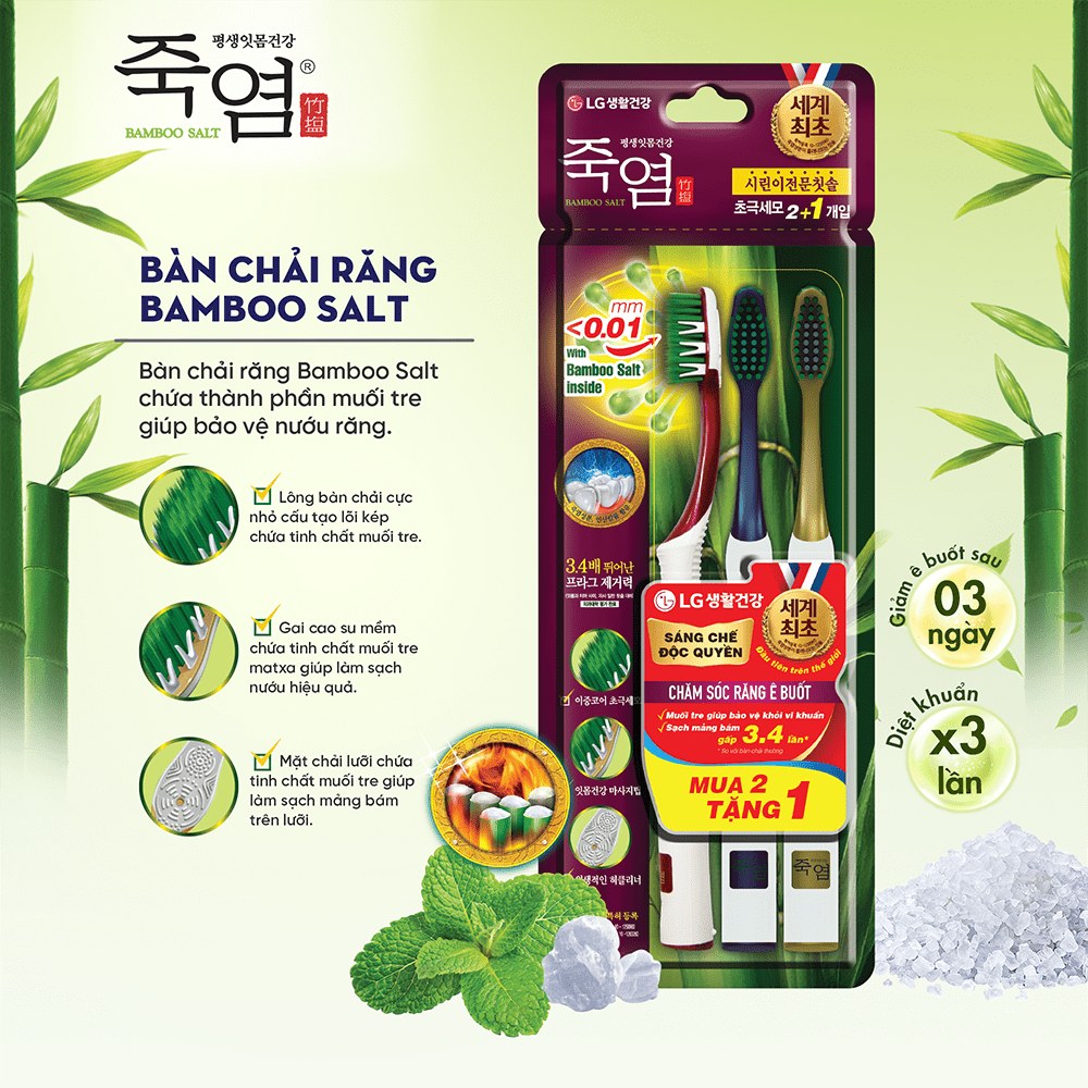 Bàn chải răng Bamboo Salt Shirinnee chăm sóc răng ê buốt vỉ 2 + 1